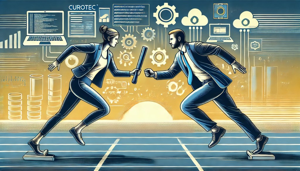 DALL·E 2025-08-05 14.54.15 - A conceptual illustration showing two business professionals in business casual attire (no full suits or ties) in a relay race, one male and one femal
